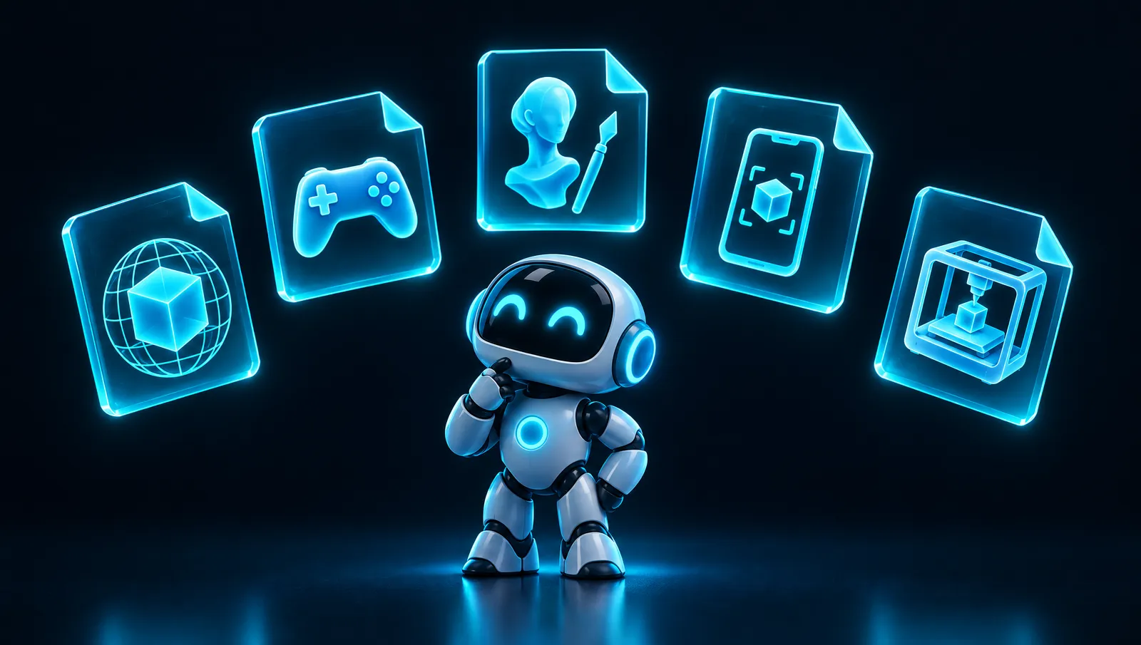 A small robot looking up at glowing file icons for 3D, game, character, AR and print formats