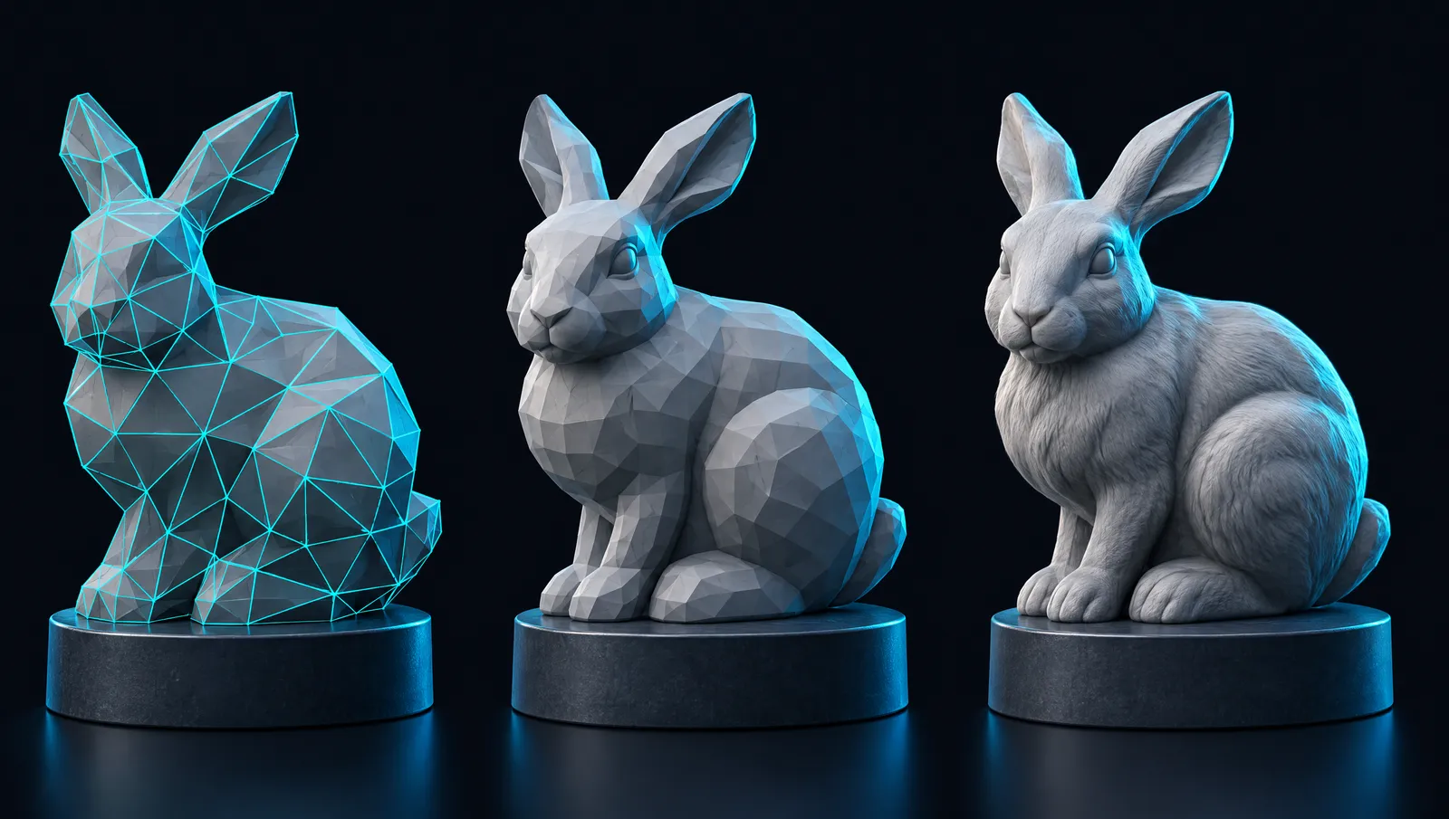 The same rabbit sculpture shown three times, from a coarse low-poly mesh to a smooth high-poly one