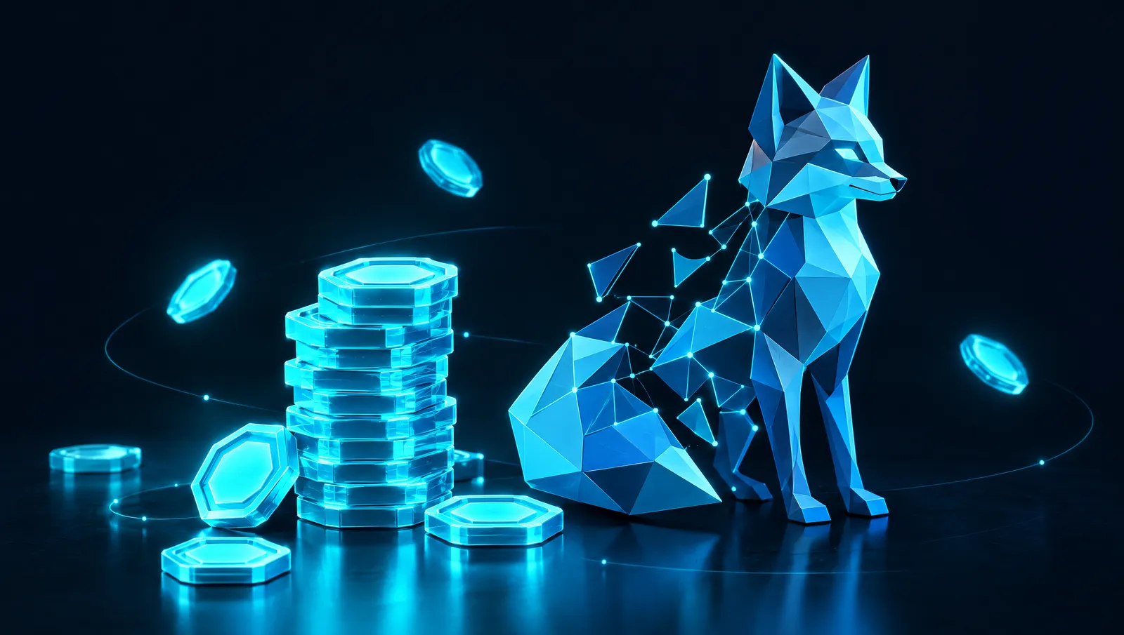 Glowing stacks of credit coins beside a low-poly crystal fox