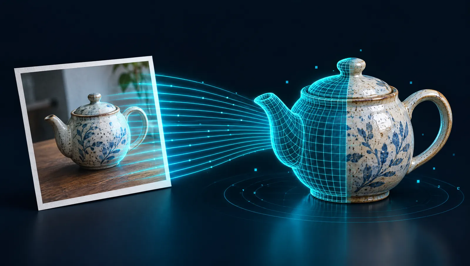 A photo of a painted teapot turning into a 3D teapot model, half wireframe and half textured
