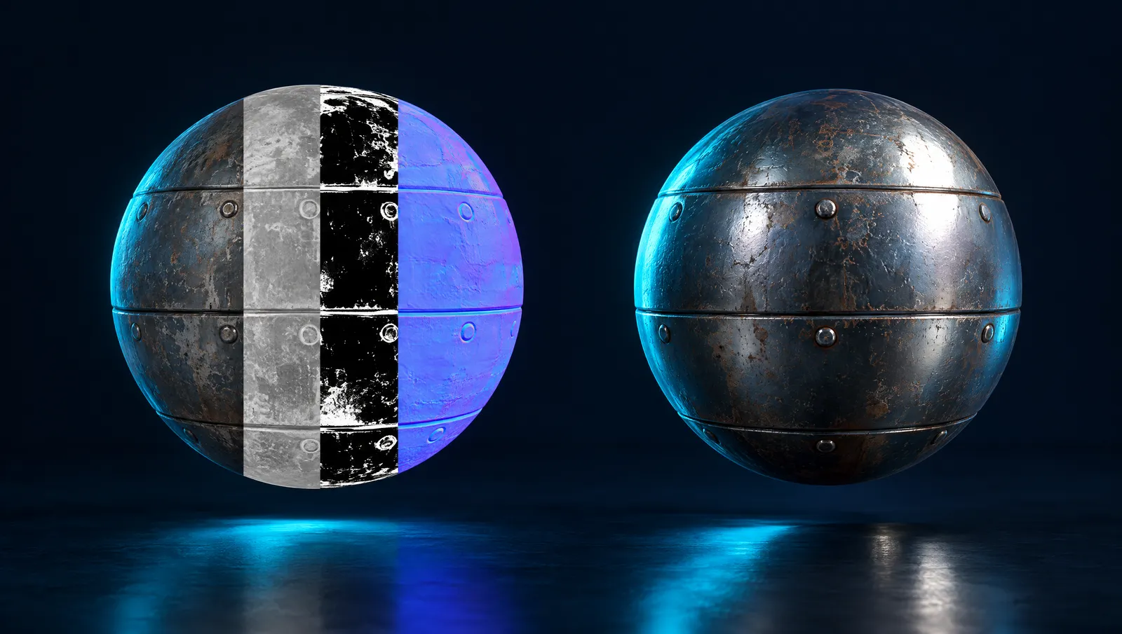 A metal sphere split into its PBR texture maps next to the finished rendered sphere