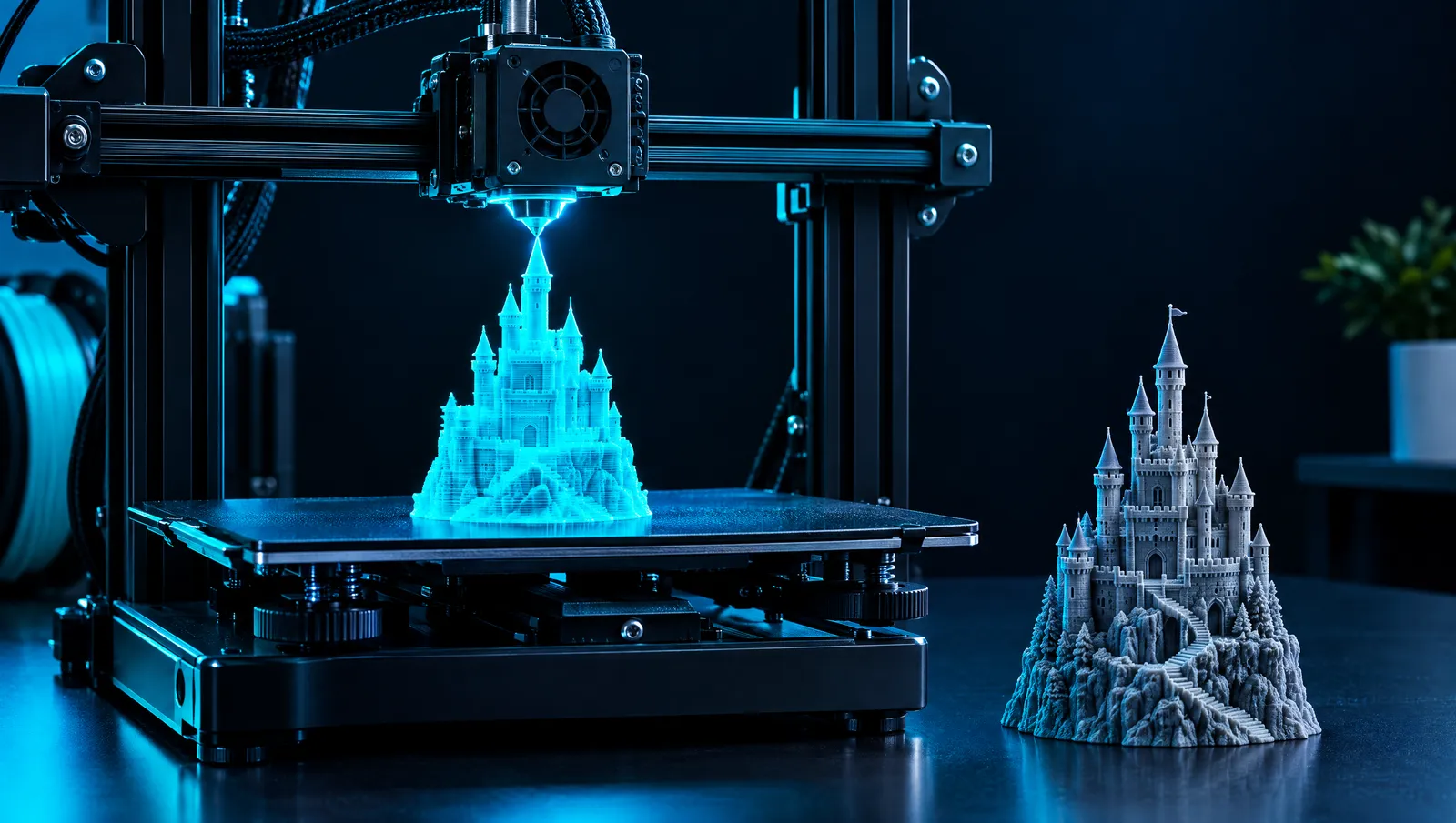 A 3D printer printing a translucent castle, with the finished grey print beside it