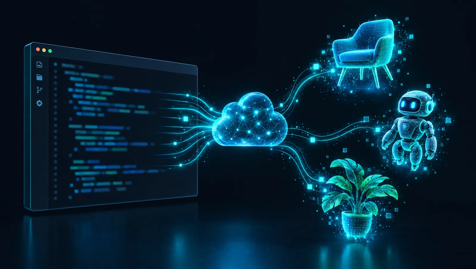 Code on a screen flowing through a cloud into generated 3D models of a chair, a robot and a plant