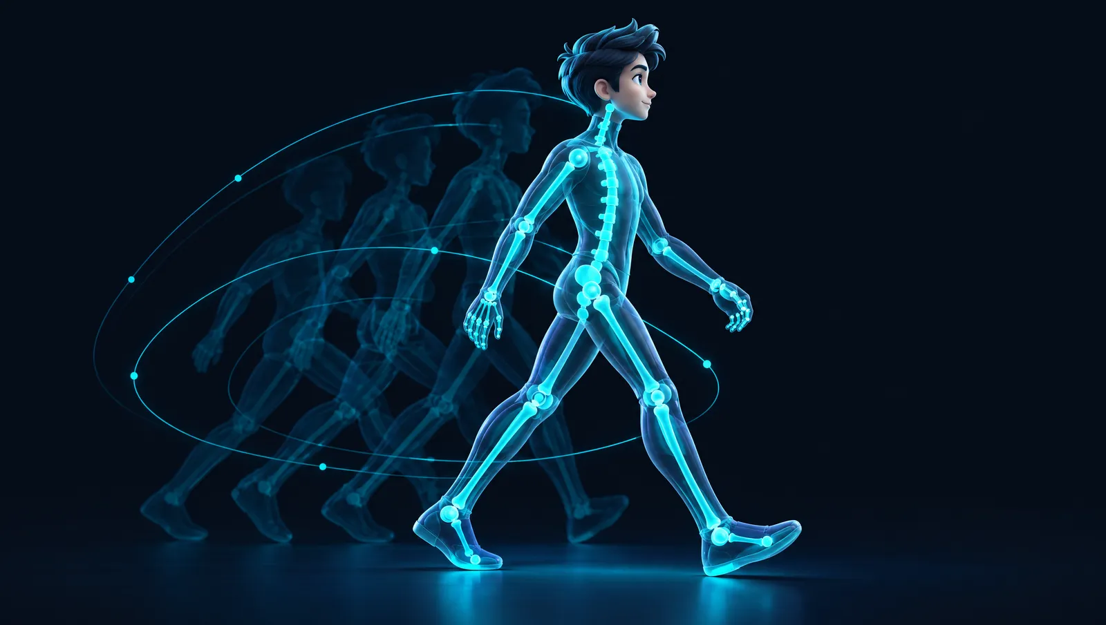 A character with a glowing skeleton rig walking, with motion trails of earlier poses behind