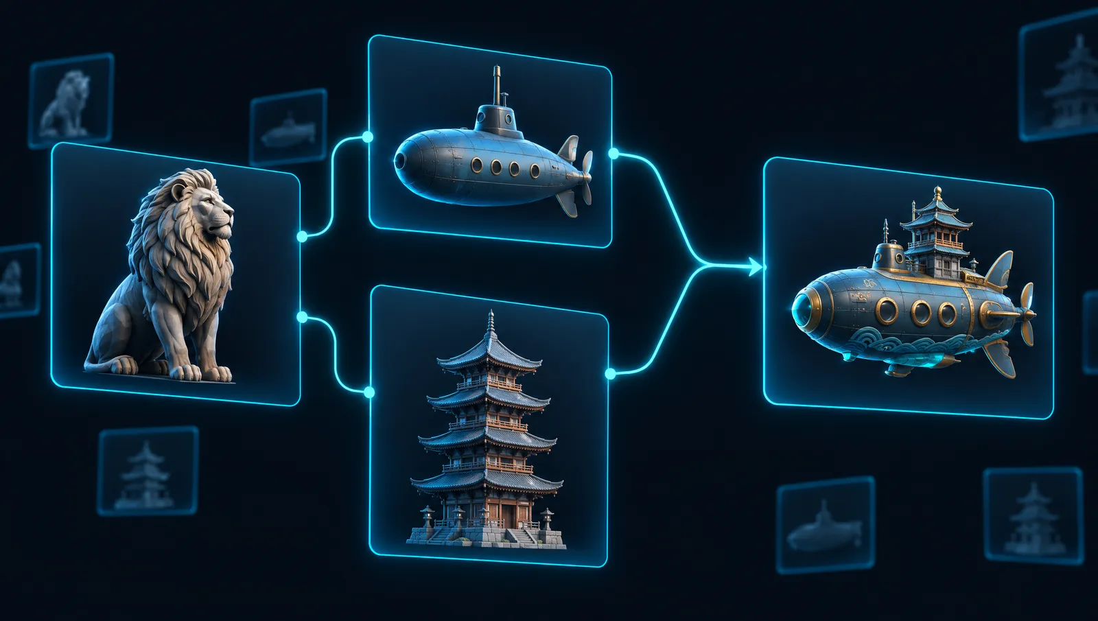 Model cards of a lion, a pagoda and a submarine connected by lines into a remixed submarine