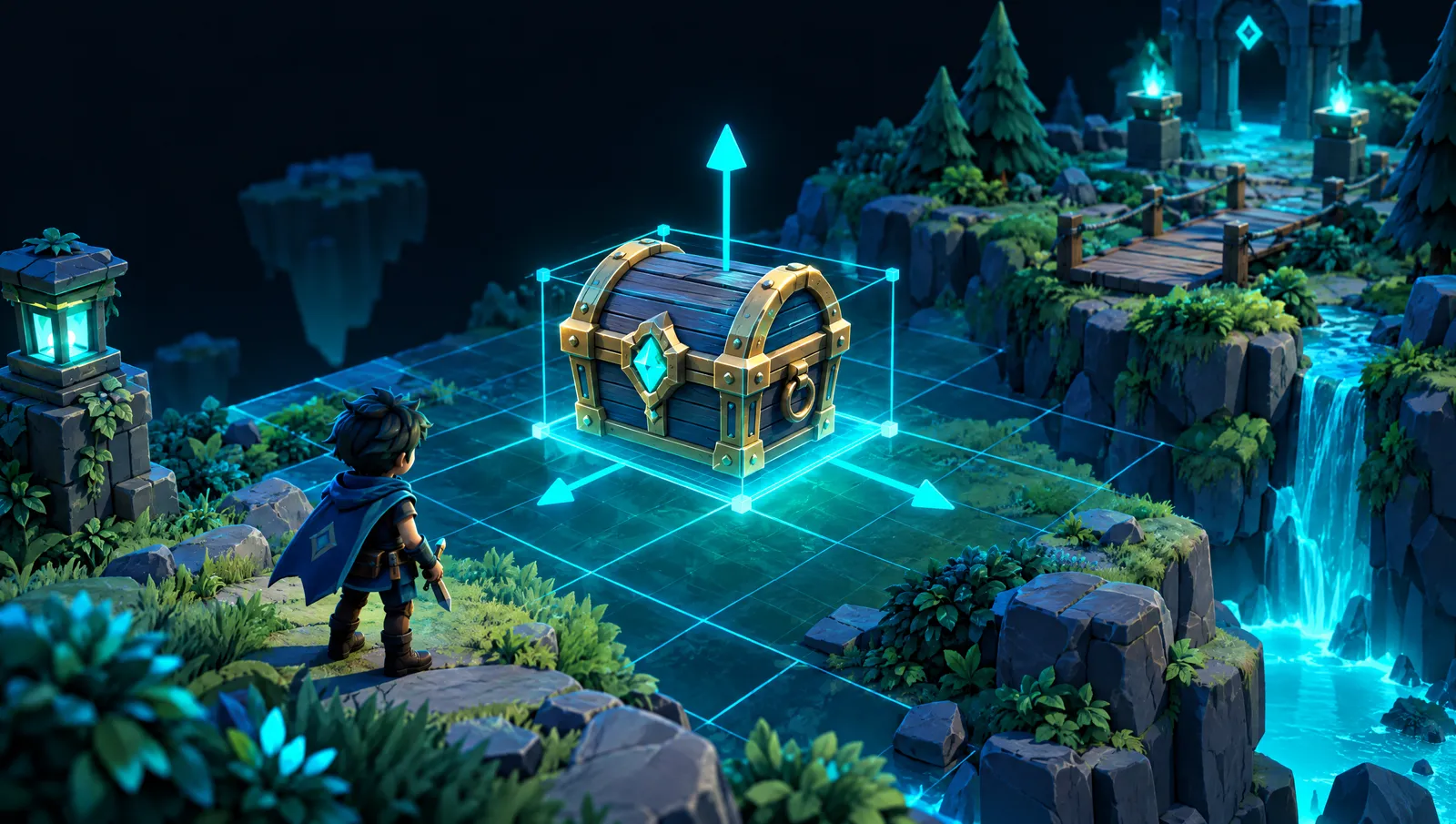 A treasure chest with a selection gizmo placed in a stylised game level with a waterfall