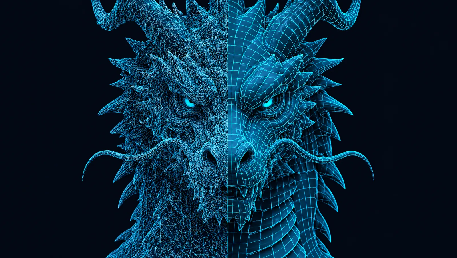 A dragon head split down the middle, a dense sculpt on one side and a clean retopologised mesh on the other