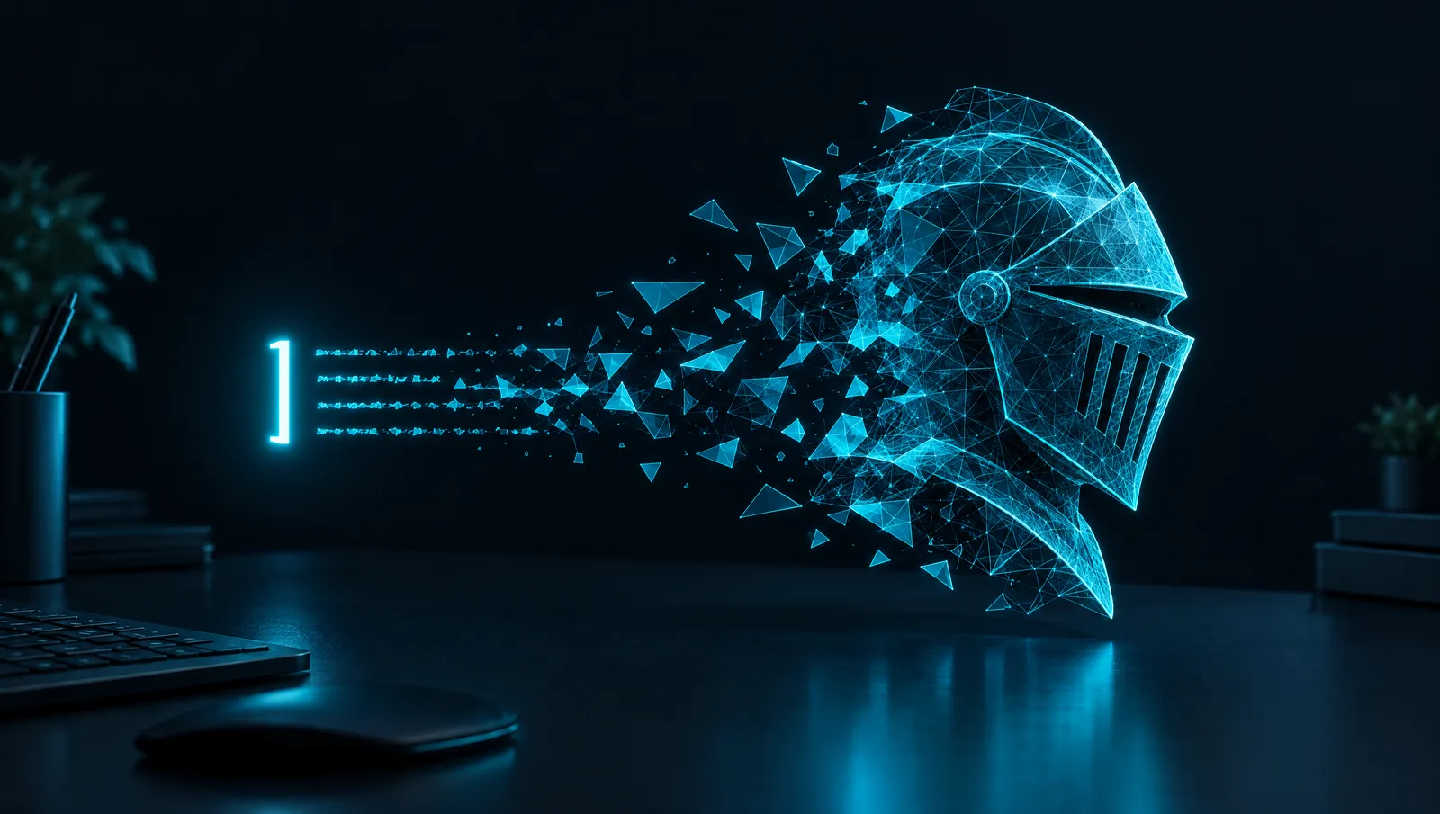 A text prompt on a desk dissolving into triangles that form a knight's helmet